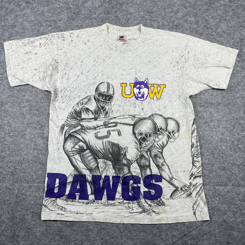 Vintage Washington Huskies T Shirt Mens XL Grey UW Dawgs AOP Made In USA 90s